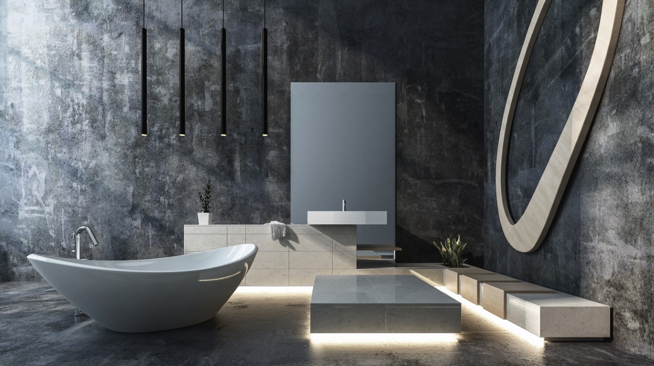 Modernes Designbad mit freistehender Badewanne und LED-Beleuchtung